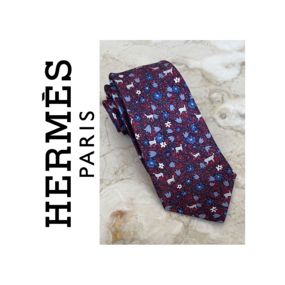 Hermès 100% Silk Printed Tie Floral & Deer